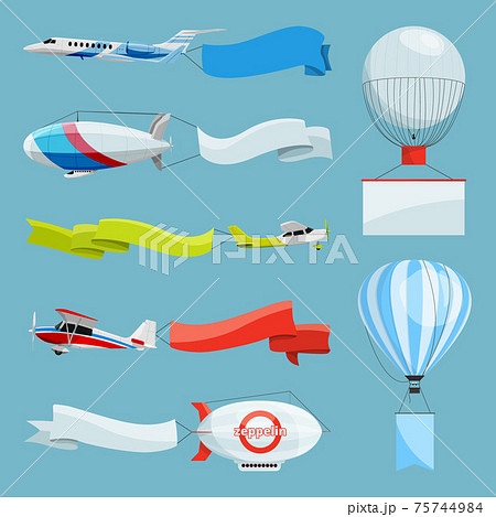 Zeppelins and airplanes with empty banners for advertising messages. illustrations with place for your text 75744984