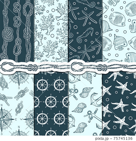 Different seamless patterns set of marine and nautical elements. stripes, anchors and ropes 75745136