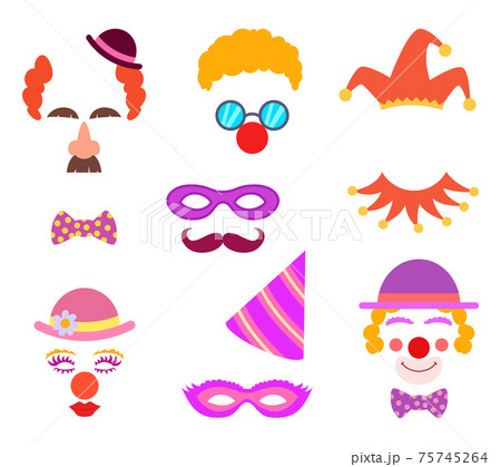 Scrapbook elements. Circus or party costumes and clown glasses and hairs 75745264