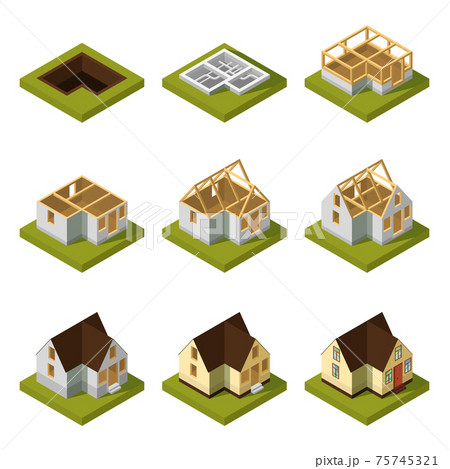 Visualization of modern building on different construction stages. Isometric illustration 75745321