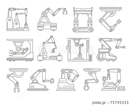 Robotic machines for production. Mono line pictures set Robotic machines for production. Mono line pictures set 75745333