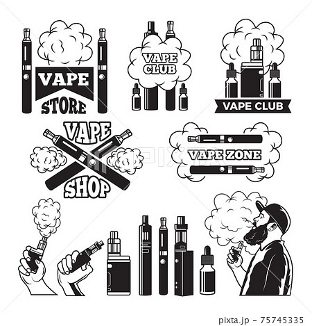 Monochrome labels set for vaping and smoking club or shop. Electronic cigarette 75745335