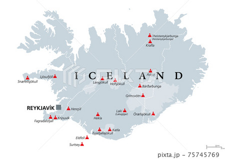 Volcanoes of Iceland that erupted since human settlement, political map. Eighteen volcanoes shown on gray map of Iceland, with glaciers and regions. Isolated illustration on white background. Vector. Volcanoes of Iceland that erupted since human settlement, political map. Eighteen volcanoes shown on gray map of Iceland, with glaciers and regions. Isolated illustration on white background. Vector. 75745769