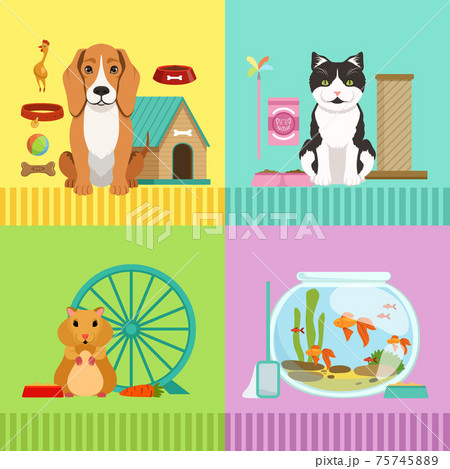 Conceptual illustrations of different pets. Dog, cat, hamster and fishes. Vet room pictures in cartoon style 75745889