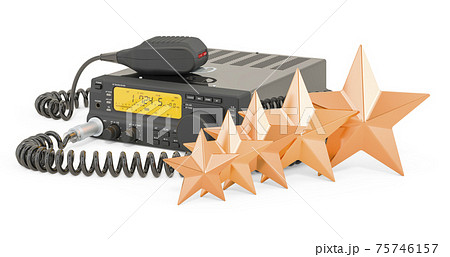 Customer rating of amateur radio transceiver with push-to-talk microphone switch. 3D rendering 75746157