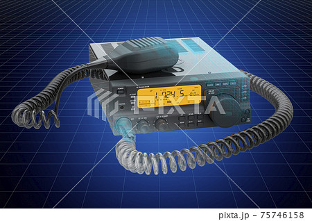 Visualization 3d cad model of Amateur radio transceiver with push-to-talk microphone switch, blueprint. 3D rendering 75746158