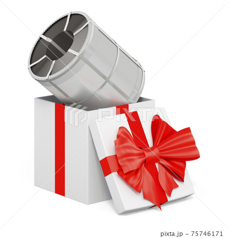 Steel sheet, stainless steel coil inside gift box, present concept. 3D rendering 75746171