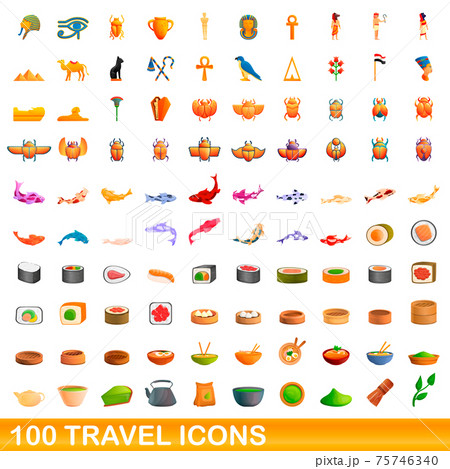 100 travel icons set, cartoon style 75746340