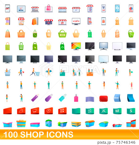100 shop icons set, cartoon style 100 shop icons set, cartoon style 75746346