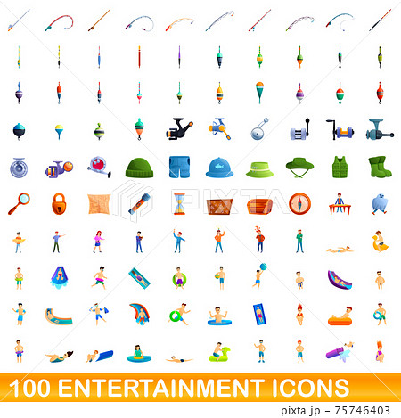 100 entertainment icons set, cartoon style 75746403