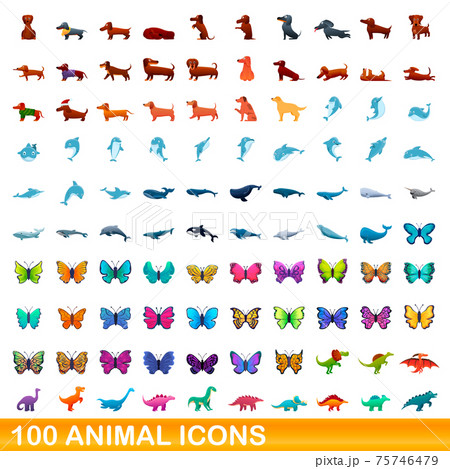 100 animal icons set, cartoon style 75746479