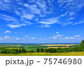 Picturesque summer cloudscape over fields, meadows, forests, roads, villages and settlements on far background 75746980