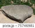 Encoded ancient engraved inscription by Gothic font with missing letters on a large boulder 75746981