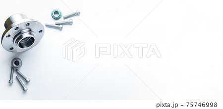 Car accessories. Set of new metal car part. Auto motor mechanic spare or automotive piece isolated on white banner background. Technology of mechanical gear with space for text. Car accessories. Set of new metal car part. Auto motor mechanic spare or automotive piece isolated on white banner background. Technology of mechanical gear with space for text. 75746998
