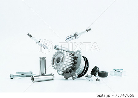 Car accessories. Set of new metal car part. Auto motor mechanic spare or automotive piece isolated on white background. Repair and vehicle service. 75747059