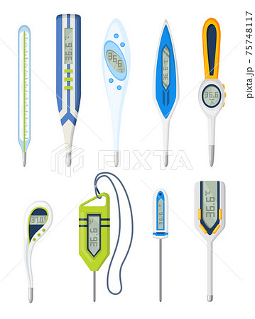 Thermometer icon set. Measuring body temperature in vector. Electronic thermometer main prevention coronavirus. Cartoon set of vector icons for web design isolated on white background 75748117