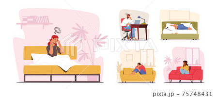 Set of Male and Character Depression and Migraine. Depressed People with Bewildered Thoughts in Mind and Headache 75748431