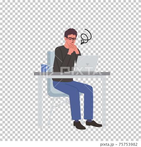 Illustration of a man and a computer holding hands with a troubled expression 75753982