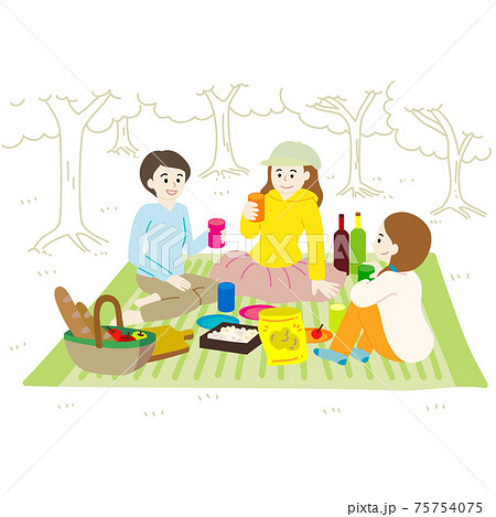 新緑の中で、女性三人がおしゃべりしているピクニックのイラスト 75754075