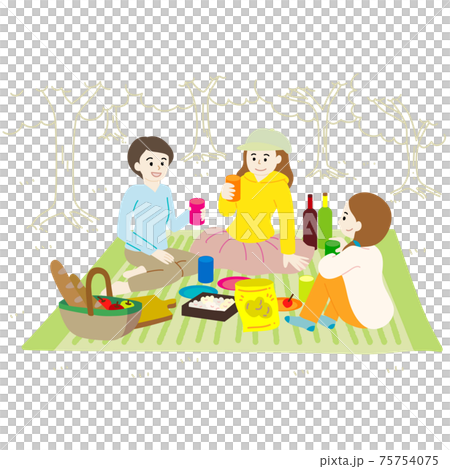 新緑の中で、女性三人がおしゃべりしているピクニックのイラスト 75754075