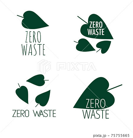 Set of zero waste logotypes isolated on white background. Linear icon eco friendly labels with green leaves.  75755665