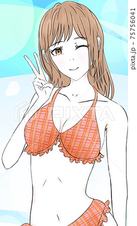 ビキニ女性キャラクター手描きアート 可愛い水着の女の子のピース(上半身)のイラスト素材 [75756041] - PIXTA