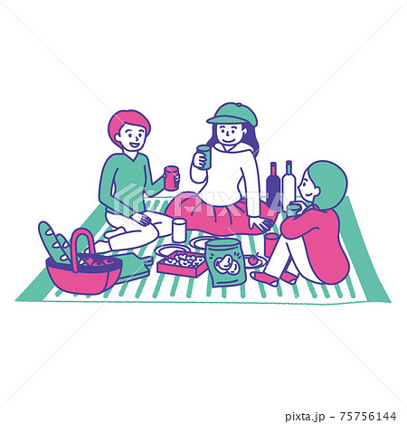 女性三人でピクニックをしている3色イラストのイラスト素材