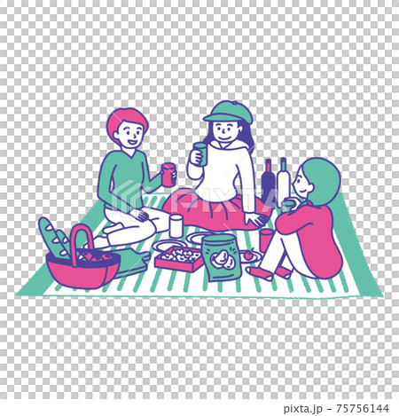 Three-color illustration of three women having a picnic 75756144