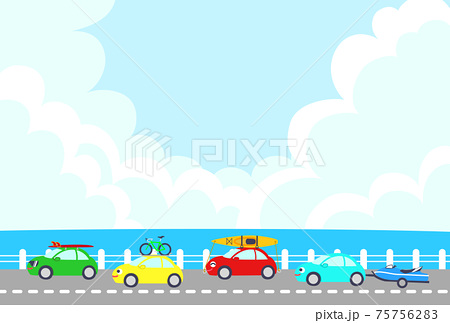 夏 遊びに出かけるかわいい車たちと海沿いの道路のイラストはがきサイズ ポストカードのイラスト素材