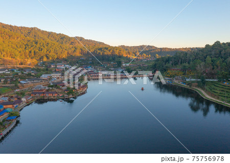 Aerial view of Ban Rak Thai village, chinese hotel resort, Mae Hong Son, Thailand. Nature landscape in travel trip and vacation. 75756978