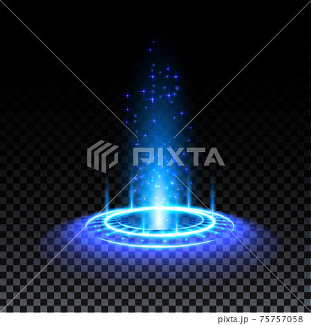 Blue hologram portal. Magic fantasy portal. Magic circle teleport podium with hologram effect. Vector blue glow rays with sparks on transparent background. 75757058
