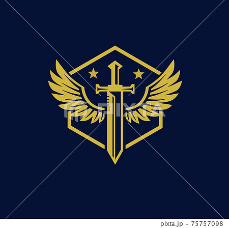 Vector illustration of sword created with bird wings, sword wing gold color, battle and security metaphor symbol Vector illustration of sword created with bird wings, sword wing gold color, battle and security metaphor symbol 75757098