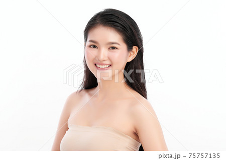 Beautiful young asian woman with clean fresh skin on white background, Face care, Facial treatment, 75757135