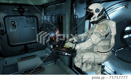 An astronaut in a spaceship is watching through a porthole for an alien, unexplored planet. 3D Rendering. An astronaut in a spaceship is watching through a porthole for an alien, unexplored planet. 3D Rendering. 75757777