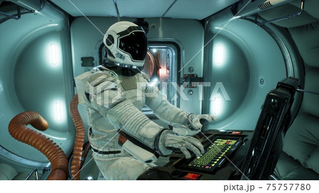An astronaut in a spaceship is watching through a porthole for an alien, unexplored planet. 3D Rendering. An astronaut in a spaceship is watching through a porthole for an alien, unexplored planet. 3D Rendering. 75757780