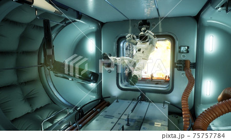 A powerful explosion of fuel occurred on the spacecraft, depressurizing the spacecraft. 3D Rendering. A powerful explosion of fuel occurred on the spacecraft, depressurizing the spacecraft. 3D Rendering. 75757784