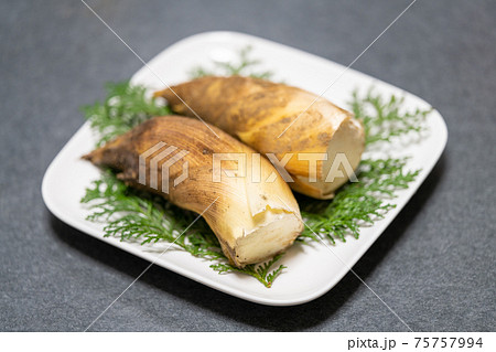 泥のついた、とれたてのタケノコ 75757994