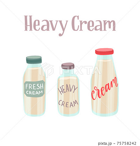 Fresh and tasty heavy cream in the different glass bottles. Healthy nutrition product. 75758242