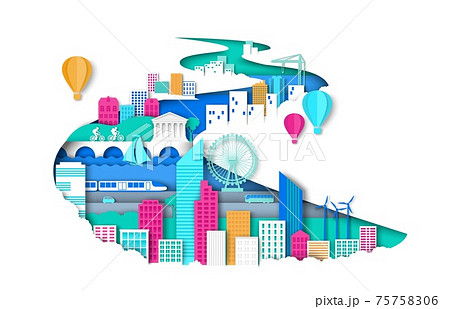 Ways of modern eco friendly city development vector concept illustration in paper art style. Ways of modern eco friendly city development vector concept illustration in paper art style. 75758306