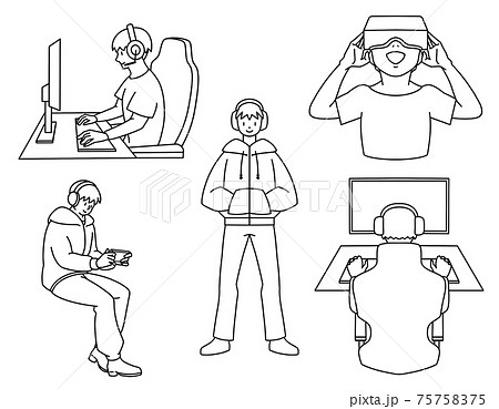 ゲーマー 男性 線画のイラスト素材