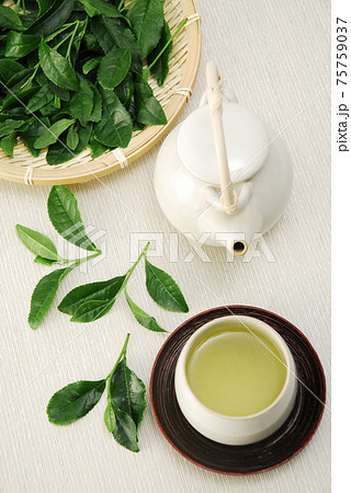 ざるの上のお茶の葉と急須と湯呑み 75759037
