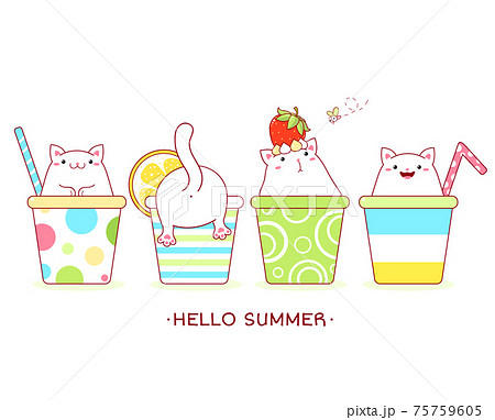 Hello summer. Vacations card with cute cats in cocktail cups 75759605