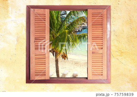 View of ocean through window with wooden shutters View of ocean through window with wooden shutters 75759839