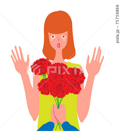 赤いカーネーションの花束をもらって驚く女性 75759869