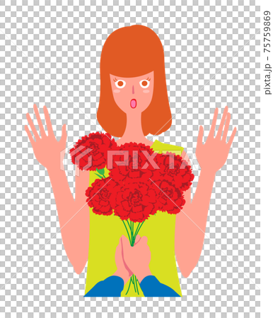 赤いカーネーションの花束をもらって驚く女性 75759869