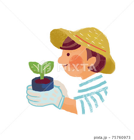 芽生えた植物を持って眺めている女性 75760973