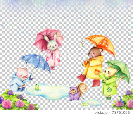 雨の中傘をさす動物たちの風景　手描き色鉛筆 75761066