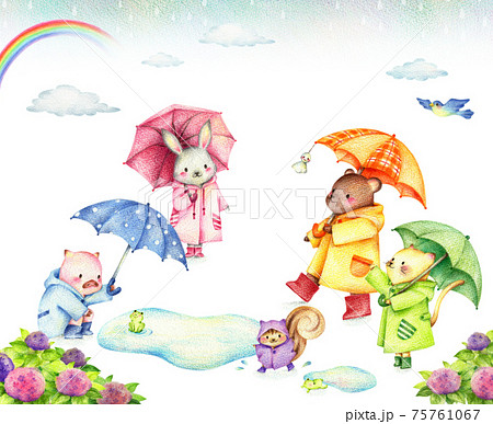 虹のかかった空の下の傘をさす動物たちの風景 手描き色鉛筆のイラスト素材