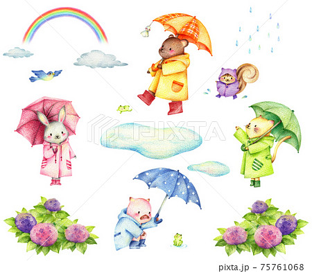 梅雨の素材と傘をさす動物たちのセット 手描き色鉛筆のイラスト素材