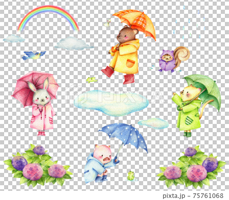 一組雨季材料和動物們撐著傘手繪彩色鉛筆 75761068
